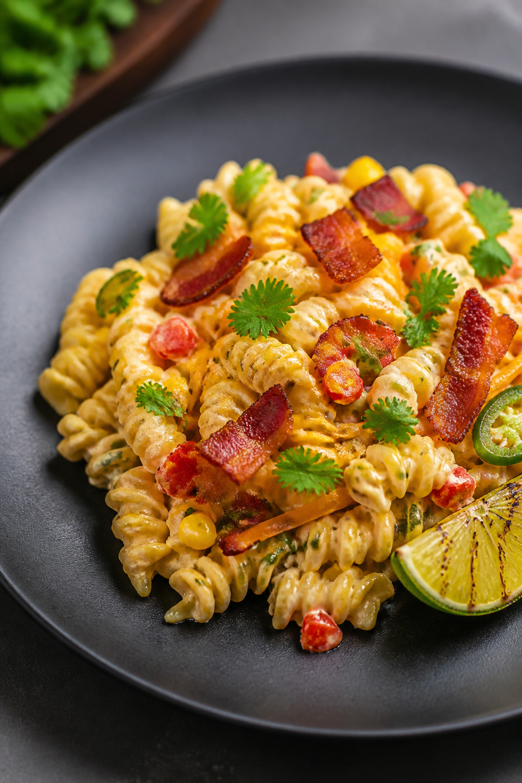 Final dish presentation: Restaurant-quality plated portion of creamy bacon jalapeño pasta salad on