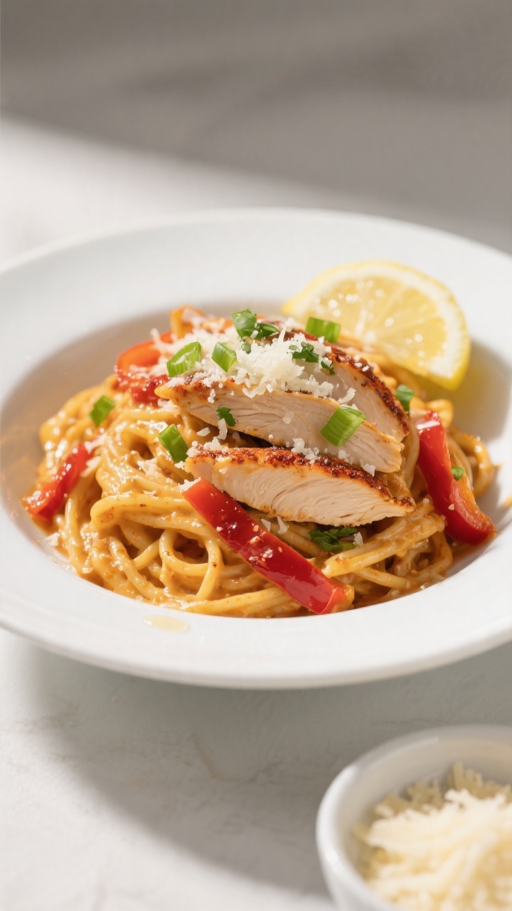 Final dish presentation: Restaurant-quality plating of Creamy Cajun Chicken Pasta twirled high on a 