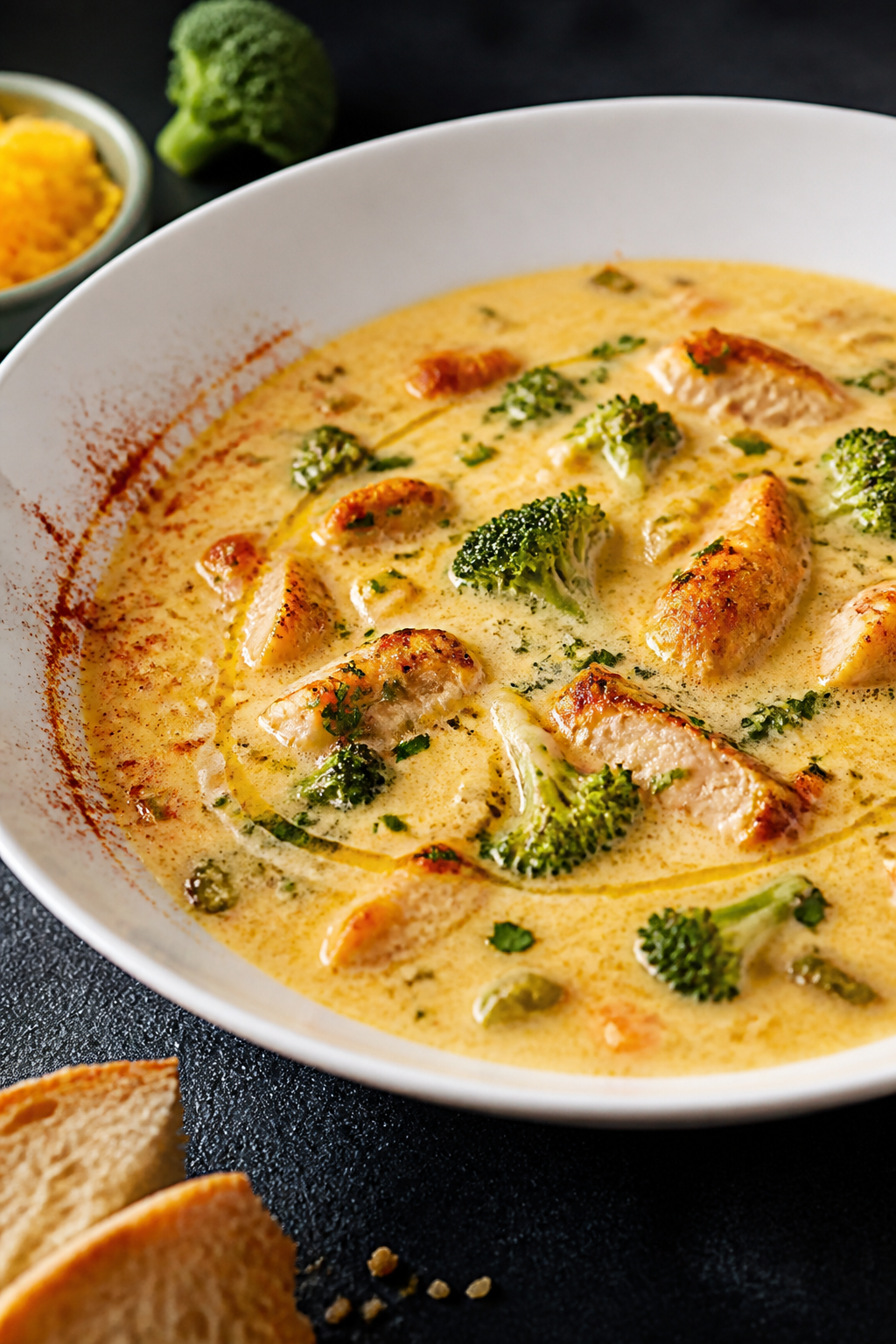 Final dish presentation: Restaurant-quality plating of Chicken Broccoli Cheddar Soup in a wide, shal
