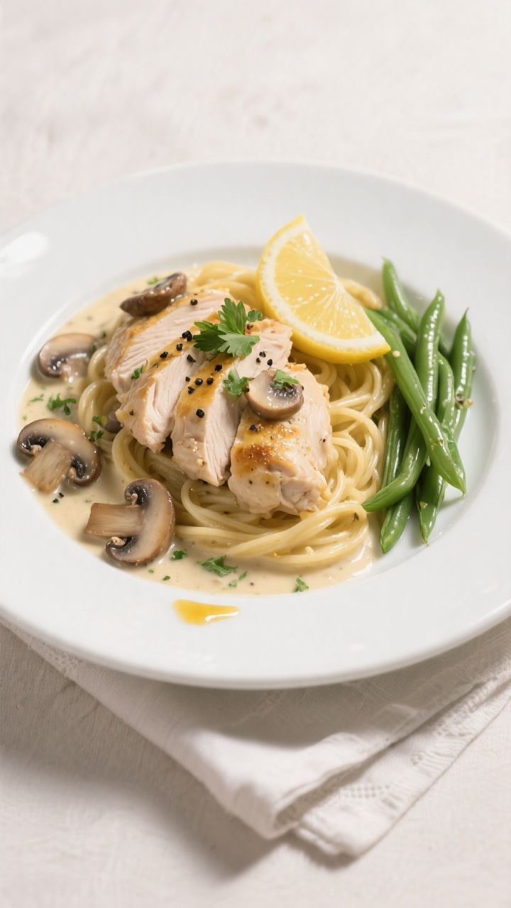 Final dish presentation: Restaurant-quality plating of Creamy Mushroom Chicken on a wide white rimme