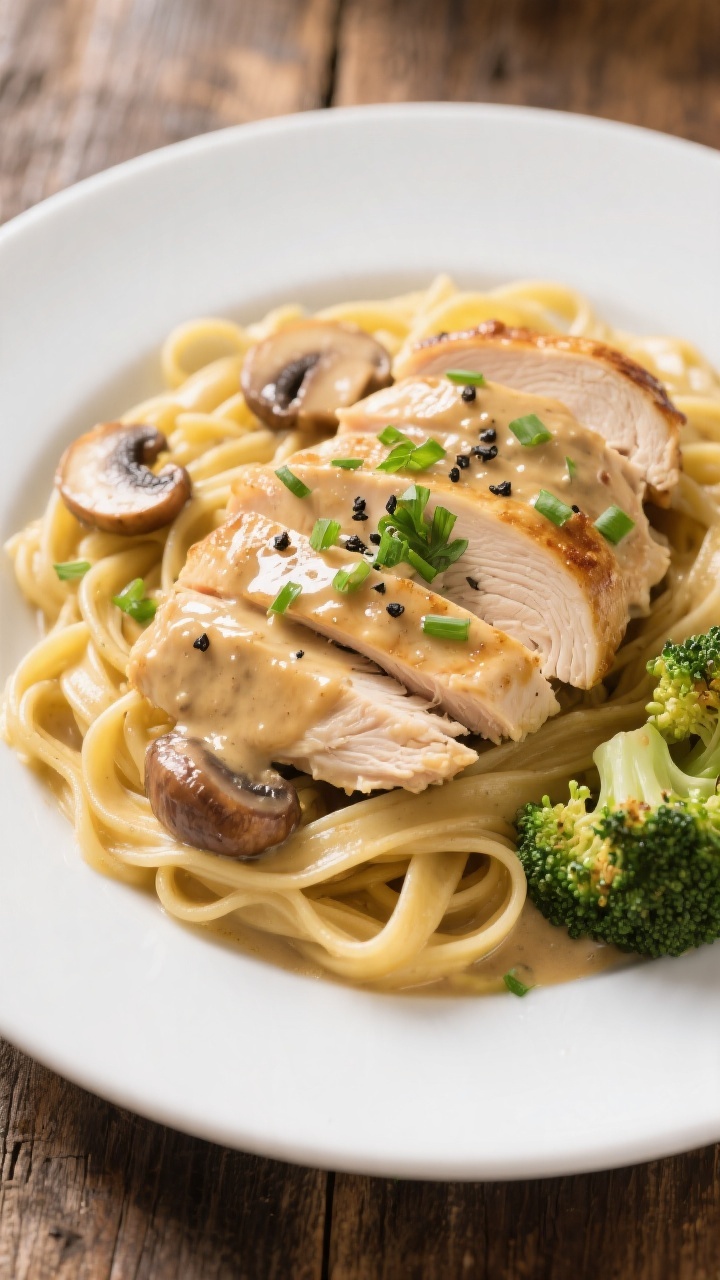 Final dish presentation: Restaurant-quality plating of Crockpot Creamy Mushroom Chicken over buttery