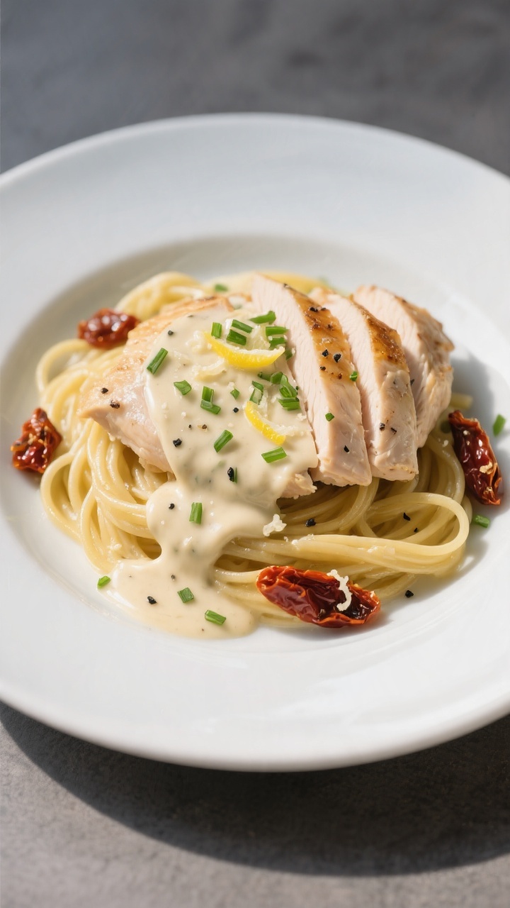 Final dish presentation: Restaurant-quality single plate of sliced chicken breast fanned over al den