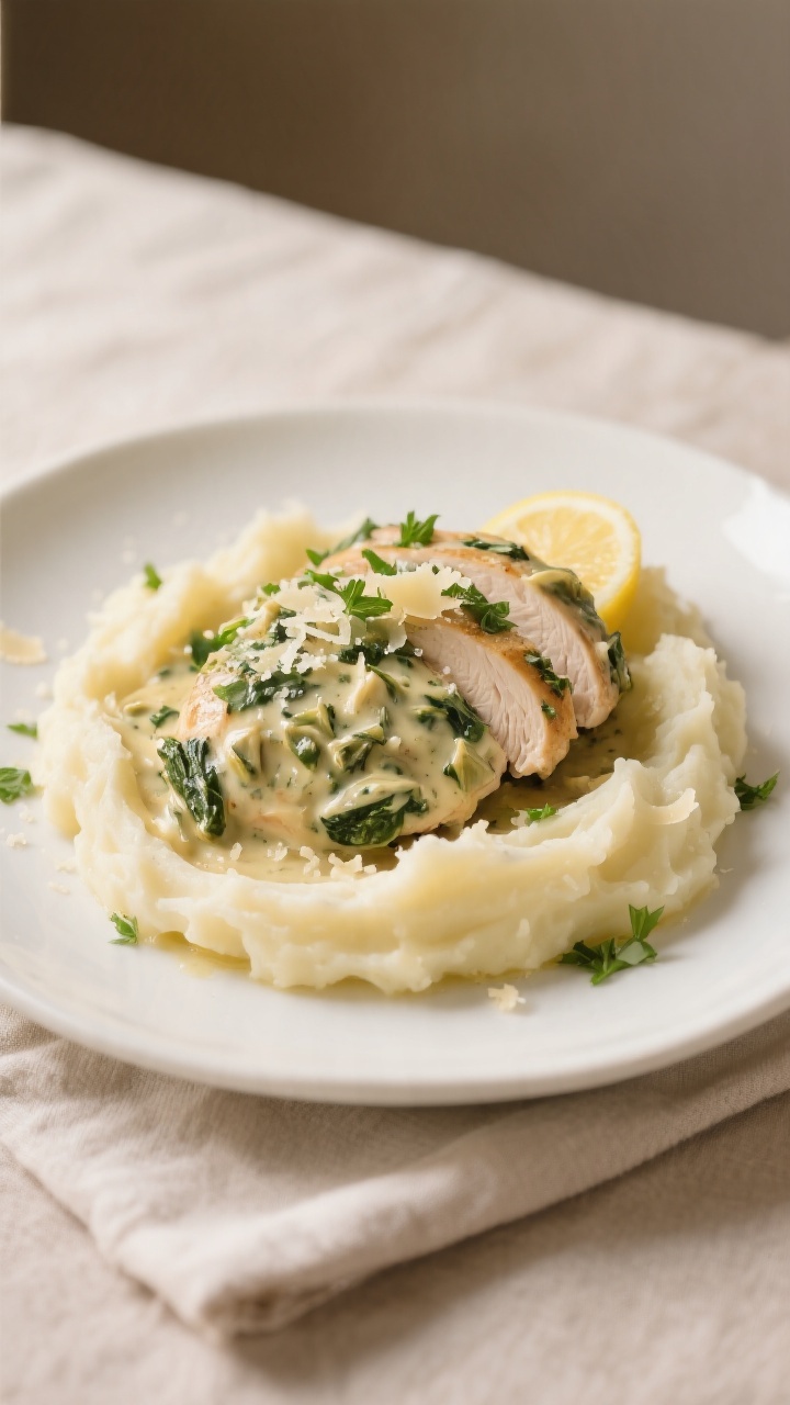 Final dish presentation: Sliced chicken breasts blanketed in creamy spinach artichoke sauce, plated 