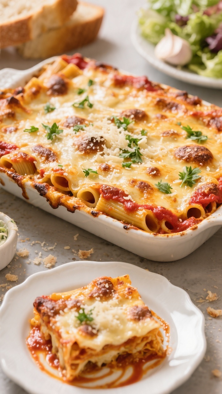 Final dish presentation: Tasty top view of the finished baked ziti just out of the oven, cheese deep