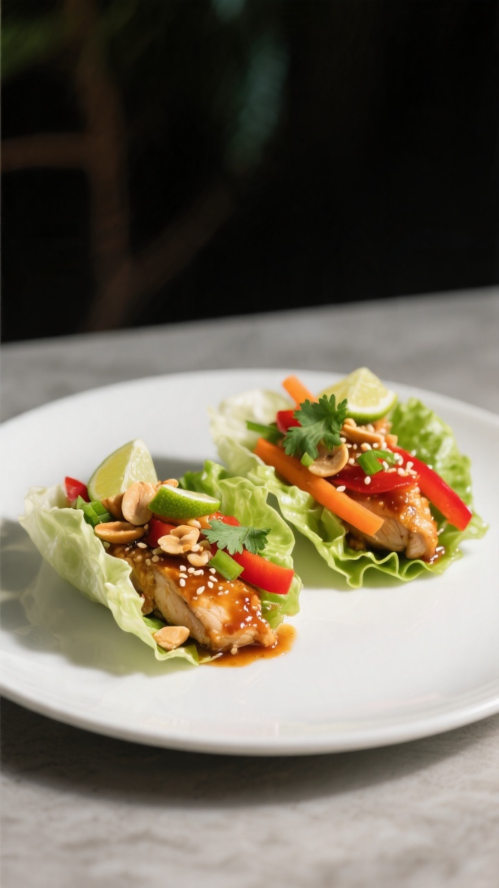Final dish presentation: Two assembled Asian chicken lettuce wraps on a matte white plate—warm, sa