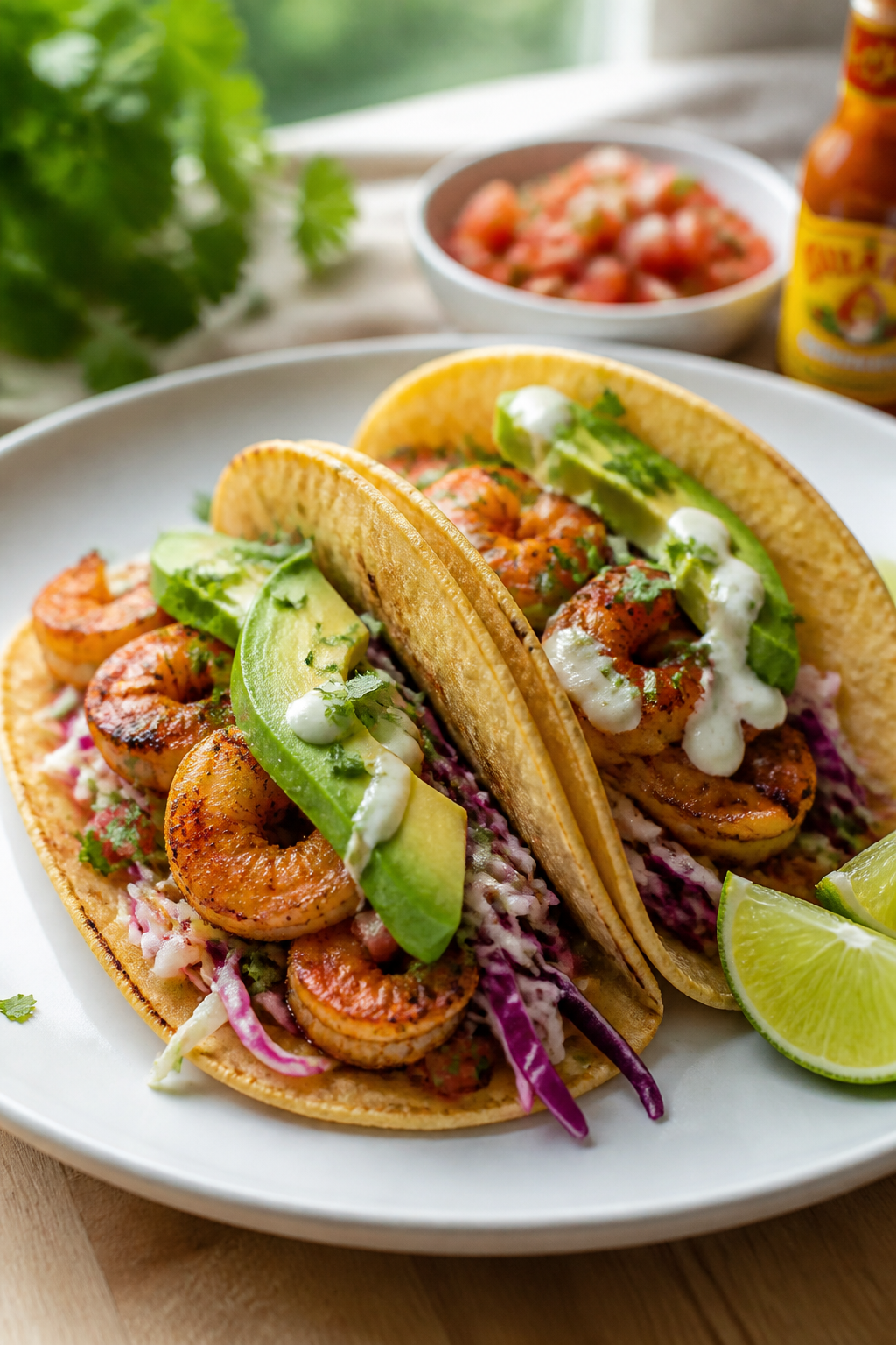 Final dish presentation: Two finished Healthy Mexican Shrimp Tacos plated on a matte white plate, ta