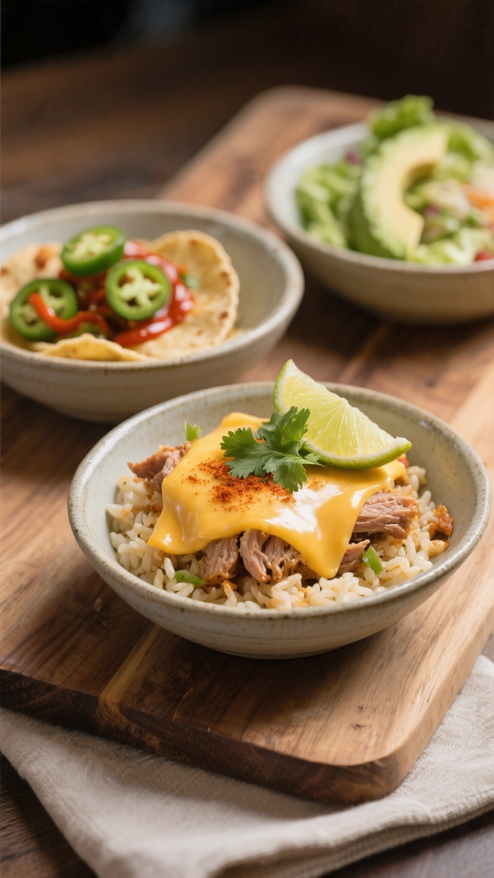 Final dish, restaurant presentation: Three elegantly plated taco bowls on a rustic wooden board, thr