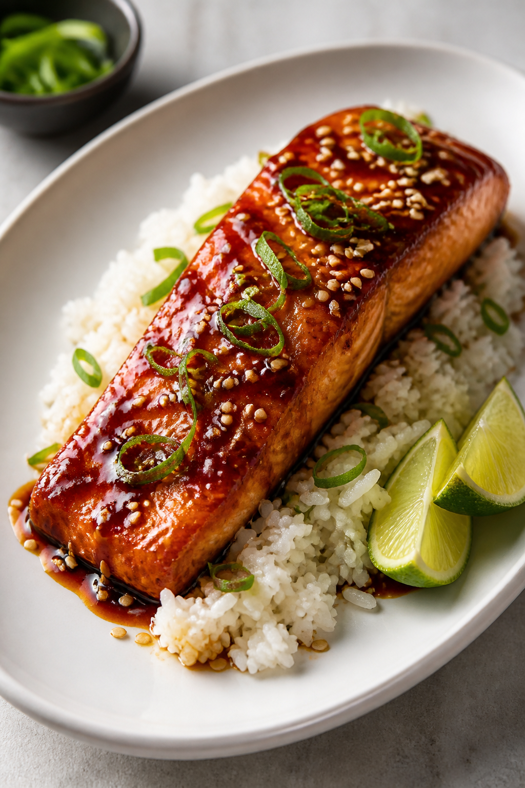 Final dish, restaurant-quality plate: Beautifully plated Sticky Asian Glazed Salmon on a matte white