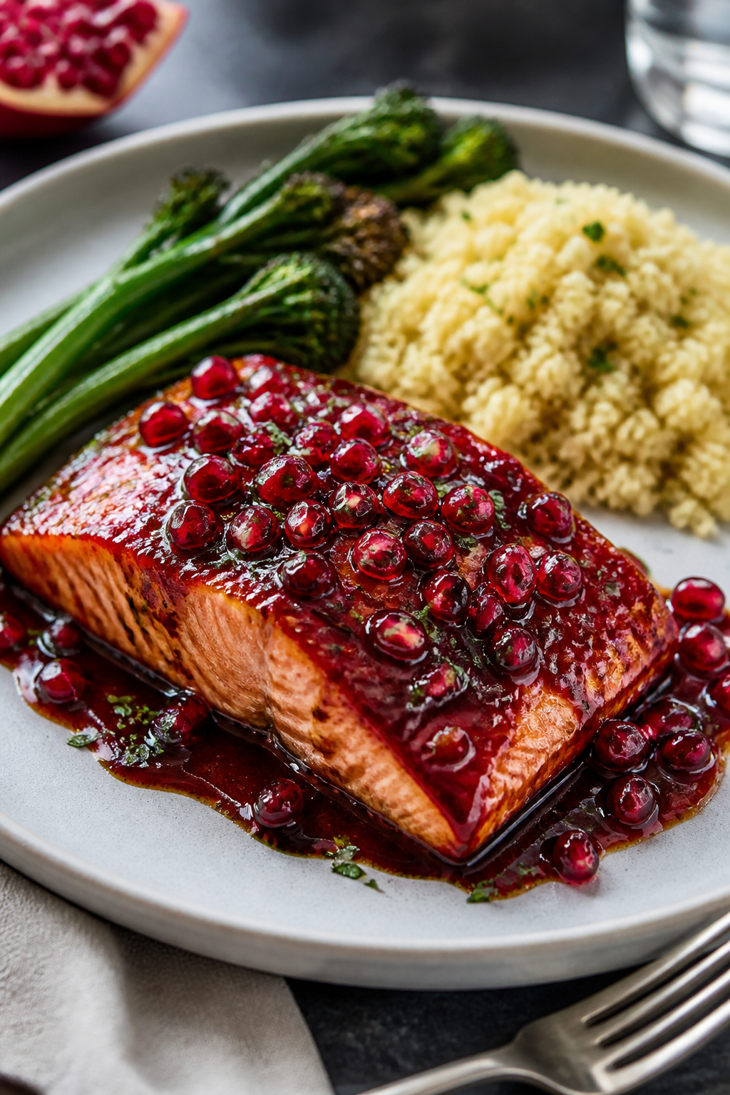 Final dish, restaurant-quality presentation: Pomegranate glazed salmon fillet plated on a matte whit