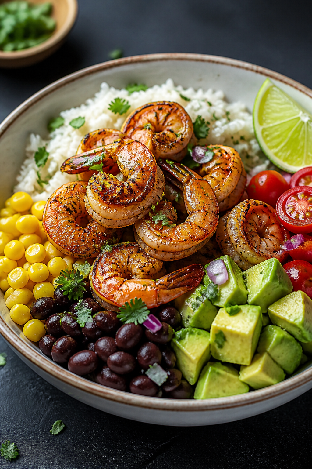Final dish — Restaurant-style plated bowl: Beautifully plated Healthy Mexican Shrimp Rice Bowl pre