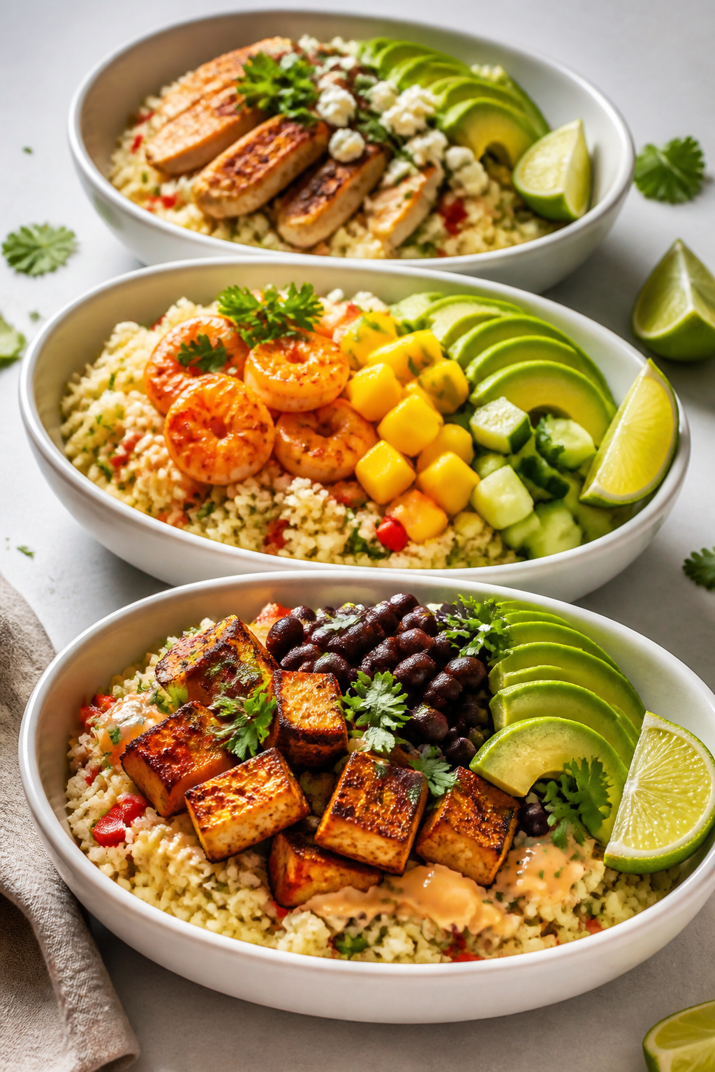 Final dish, restaurant-style presentation: Three neat meal-prep bowls aligned on a light stone surfa