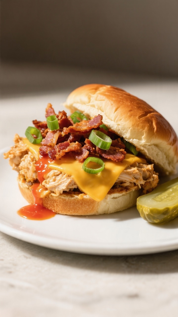 Final dish sandwich presentation: Beautifully plated Crockpot Crack Chicken piled onto toasted brioc