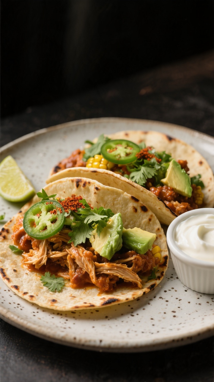 Final dish, taco presentation: Two street-style tacos filled with the saucy Mexican shredded chicken
