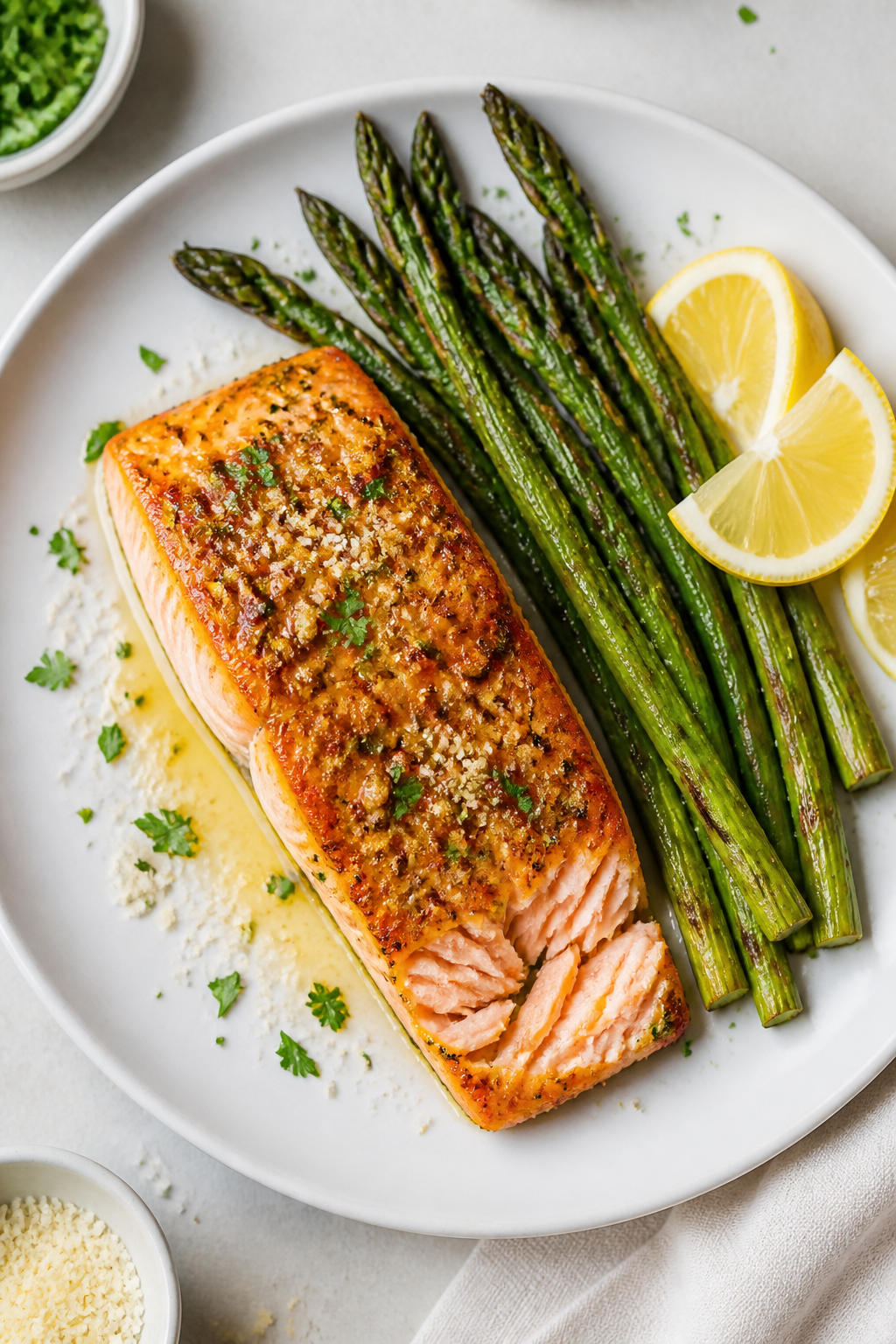 Final dish, tasty top view: Overhead shot of beautifully plated Garlic Parmesan Glazed Salmon on a m