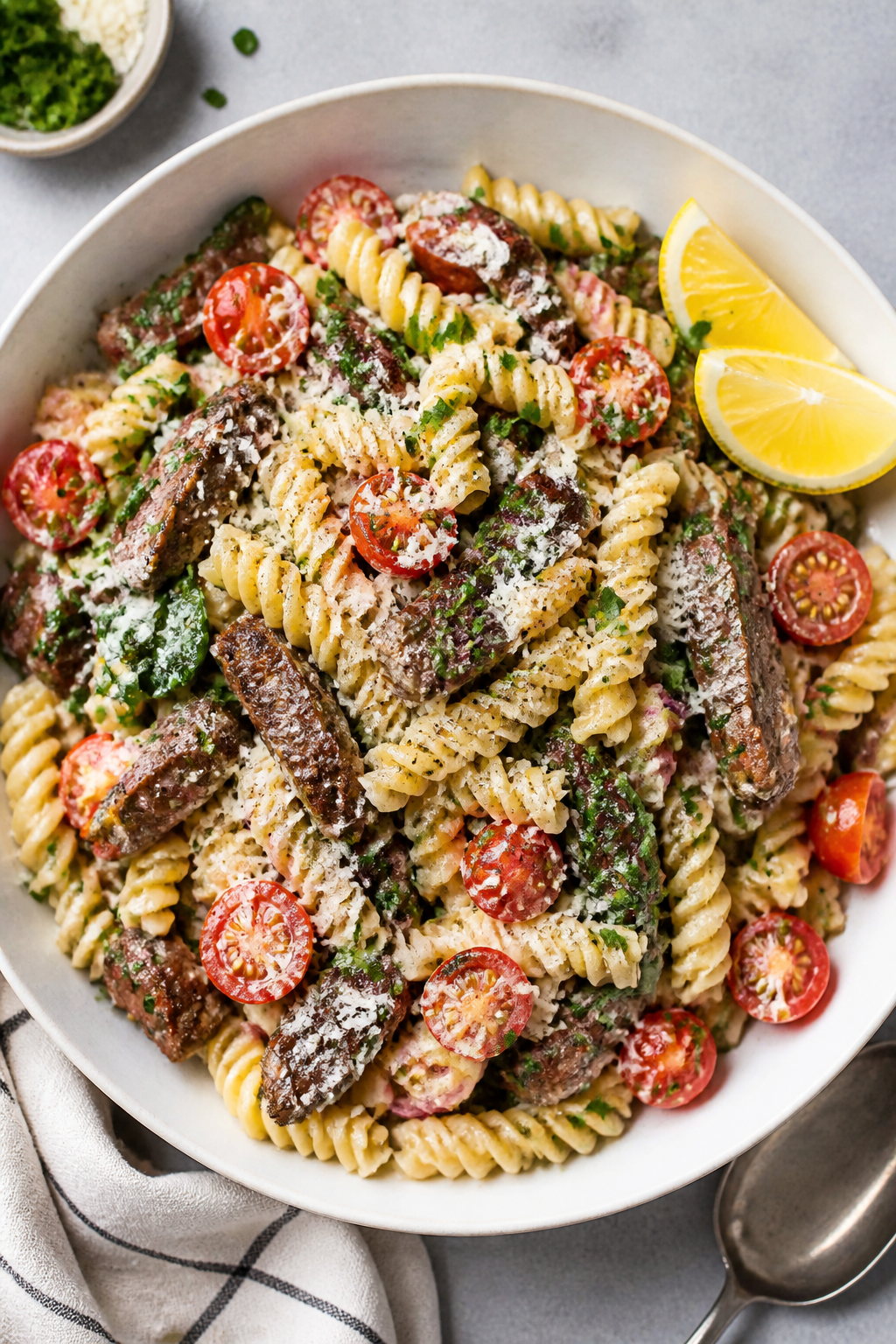Final dish – Tasty top view platter: Overhead shot of Creamy Garlic Parmesan Beef Pasta Salad serv