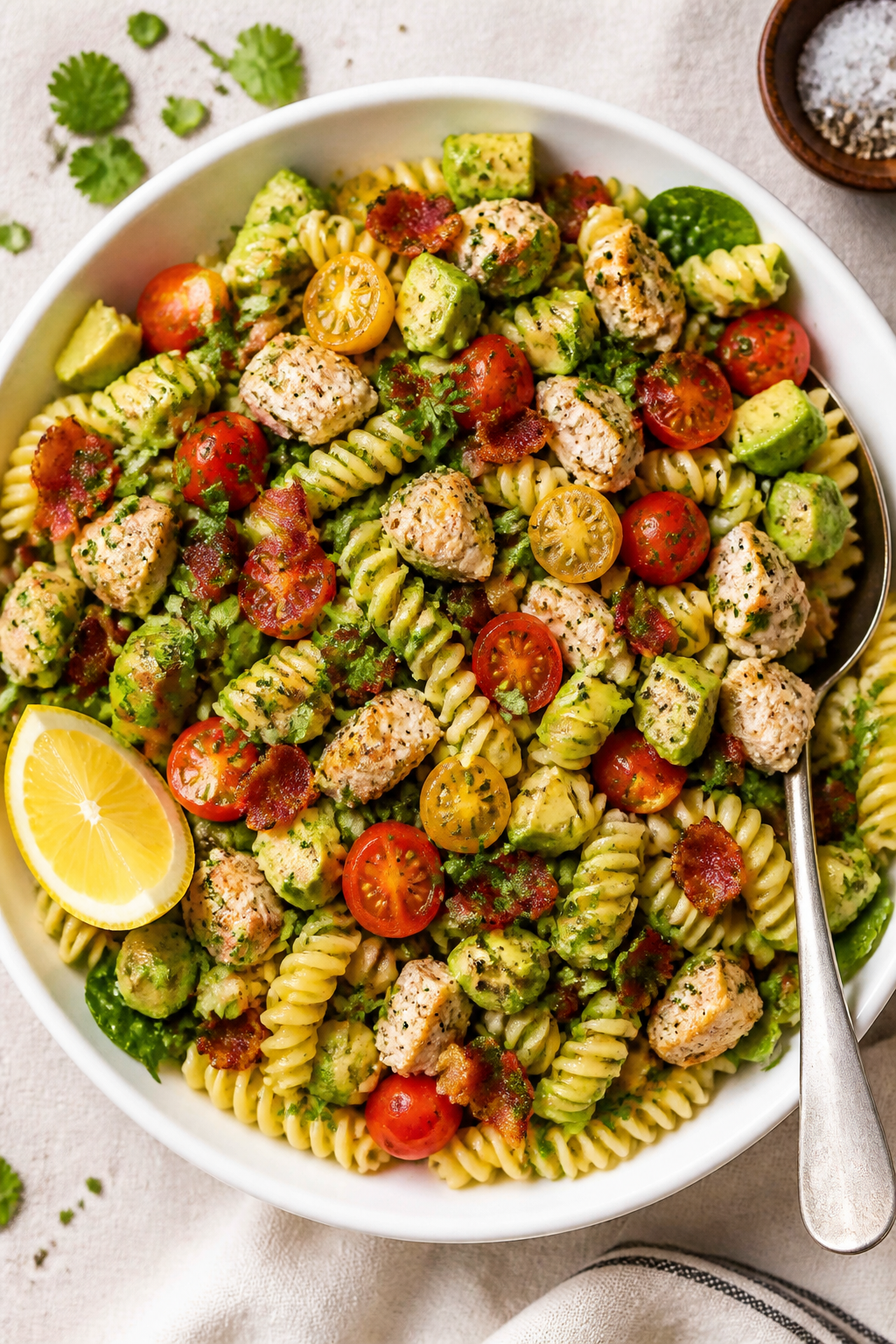 Final dish top view: Overhead shot of Chicken Bacon Avocado Pasta Salad served in a wide white servi