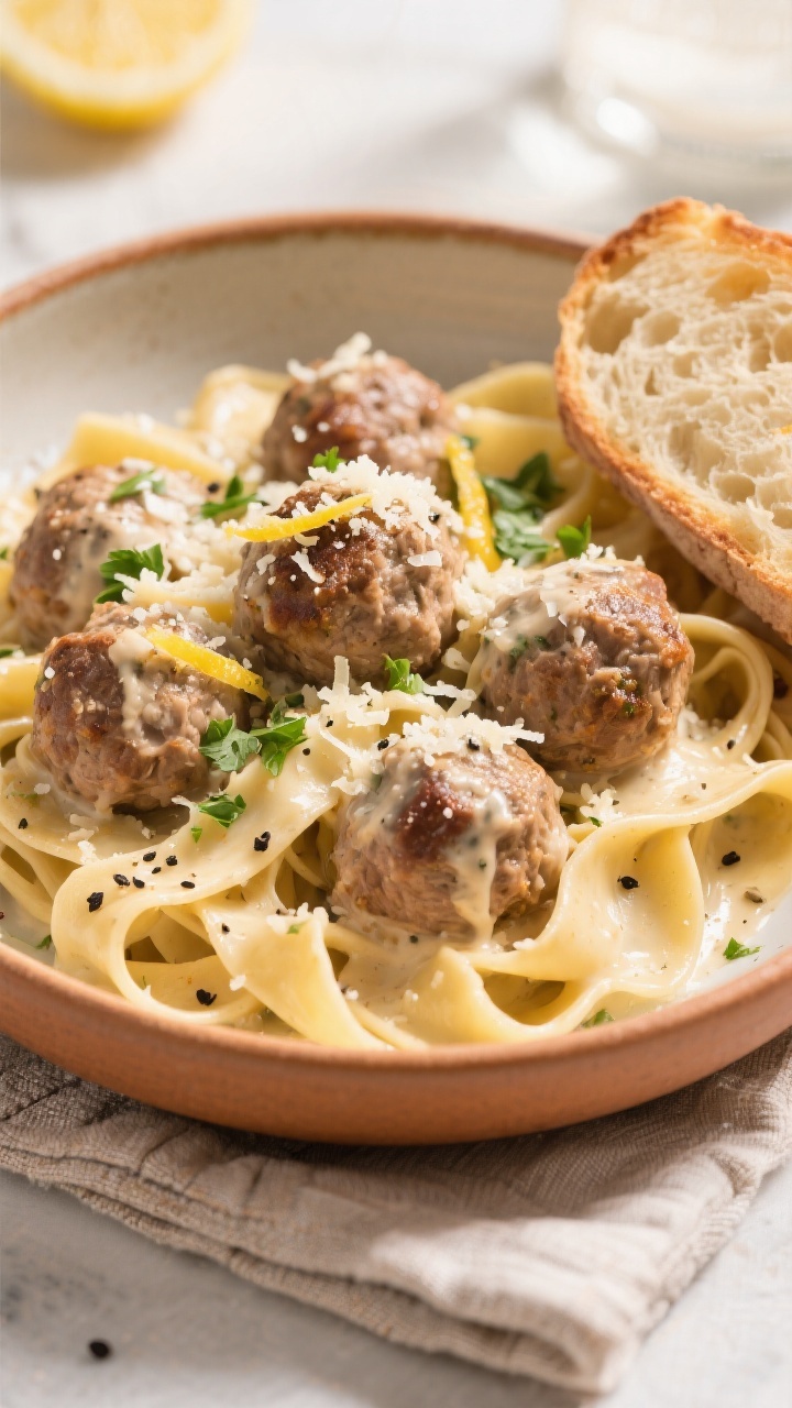 Final dish top view: Overhead shot of Crockpot Garlic Parmesan Turkey Meatballs served over wide pap