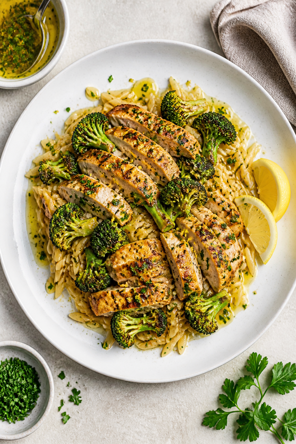 Final dish, top view: Overhead shot of One-Pan Lemon Garlic Chicken & Broccoli plated over fluffy or