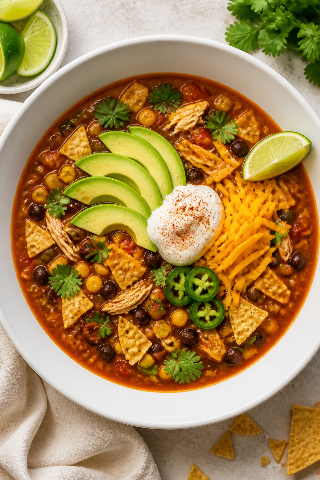 Final dish top view — Plated bowl of healthy chicken taco soup: overhead, restaurant-quality prese