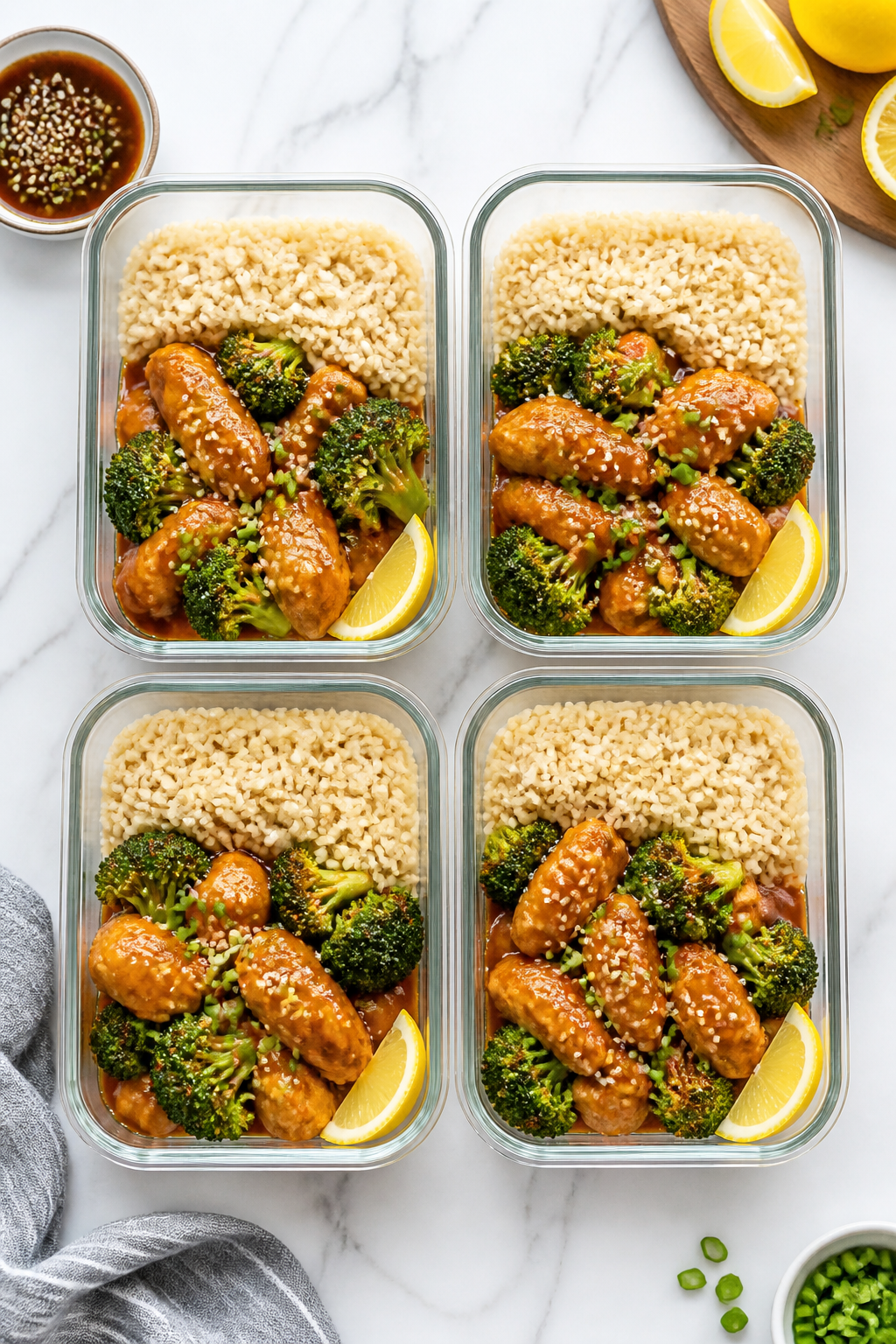 Final meal prep presentation: Tasty of four glass 3–4 cup containers neatly arranged, each with a 