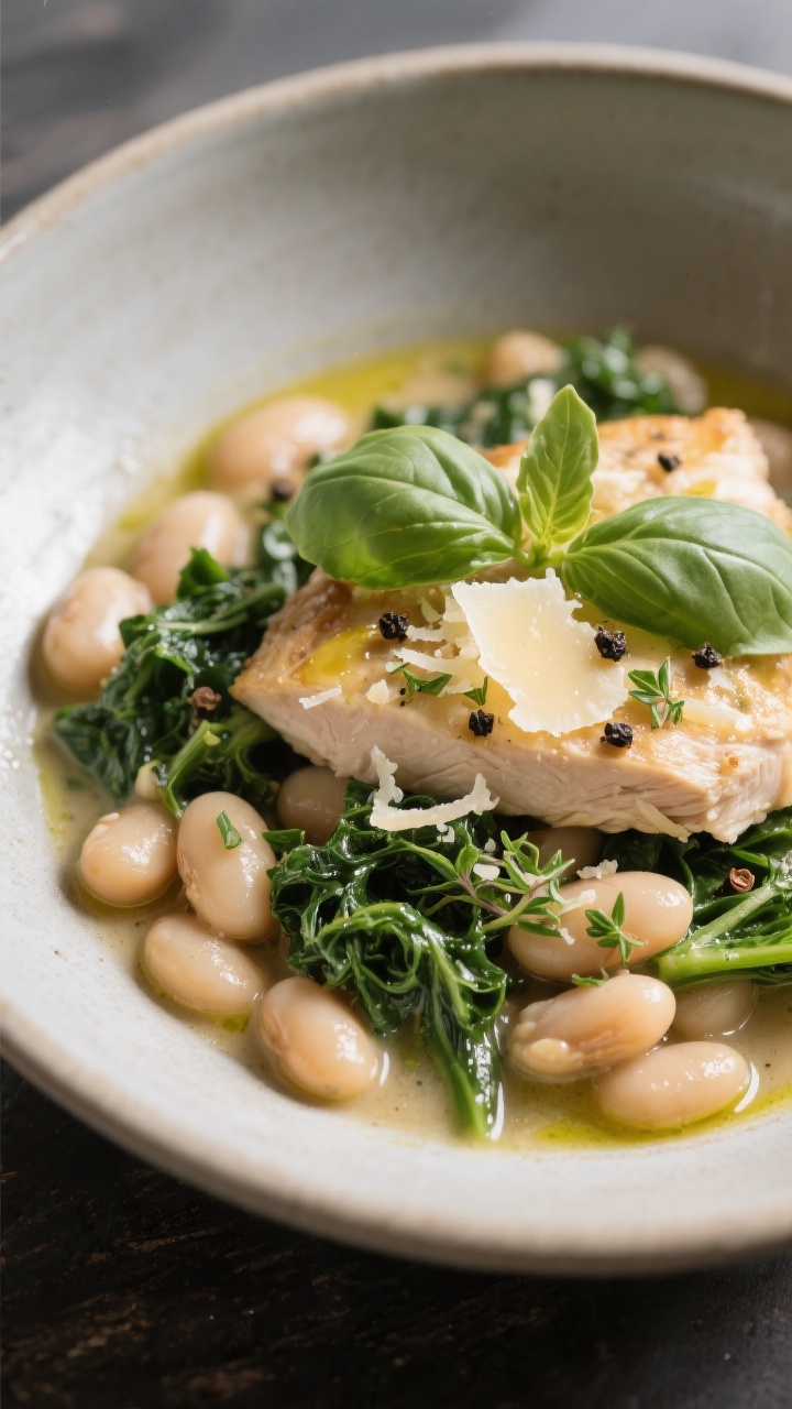 Final plated beauty: Close-up bowl of Tuscan-style variation featuring cannellini beans, kale, and t