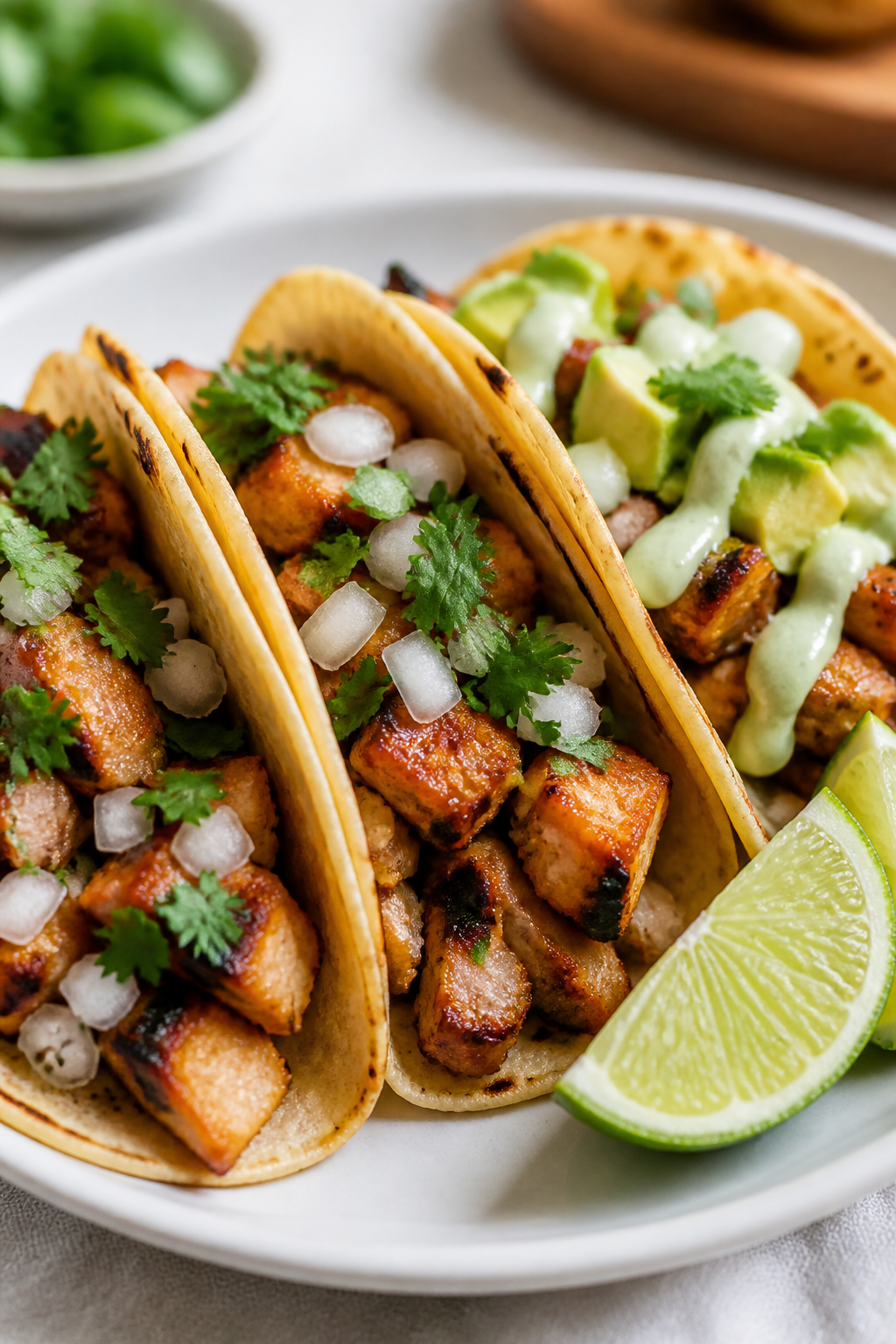 Final plated beauty: Close-up of three assembled air fryer chicken street tacos on a simple white ce