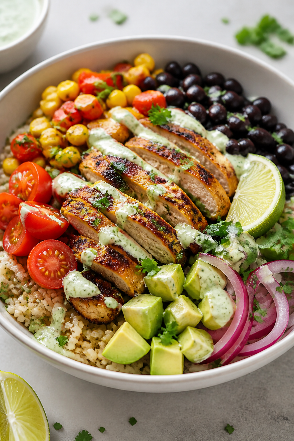 Final plated beauty: Restaurant-quality cilantro lime chicken burrito bowl, three-quarter angle clos