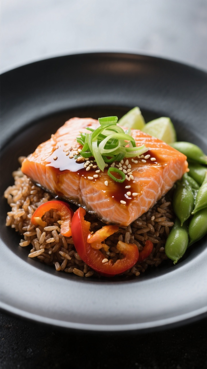 Final plated beauty: Restaurant-quality presentation of a composed salmon bowl on a matte black plat