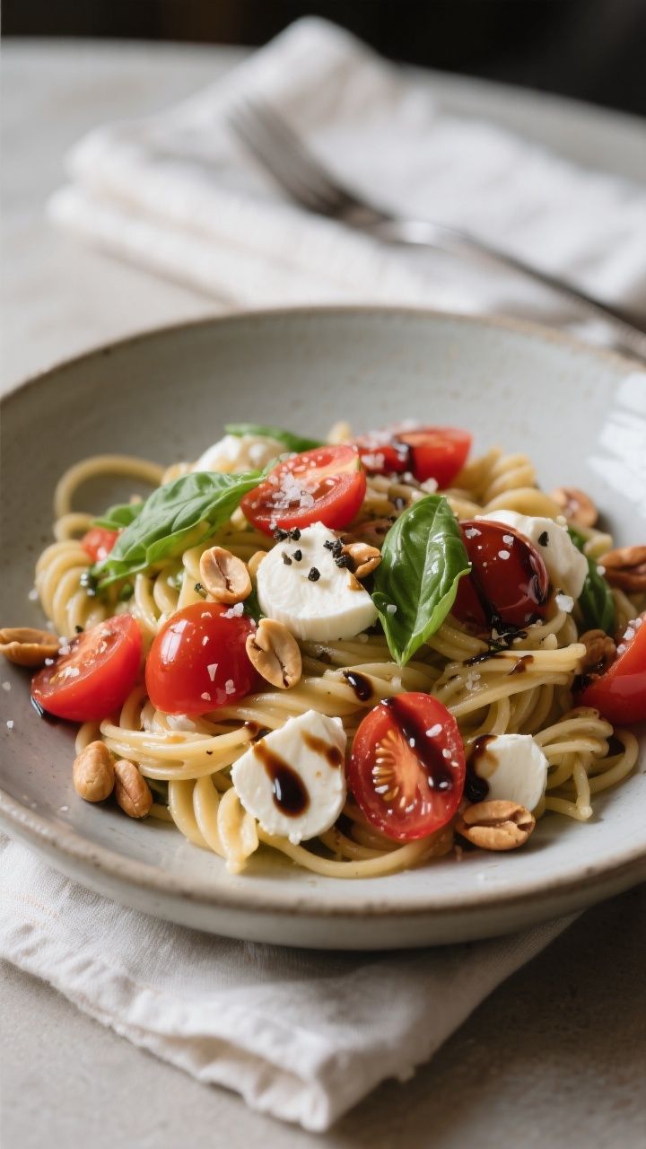 Final plated beauty: Restaurant-quality presentation of the finished High Protein Caprese Pasta Sala