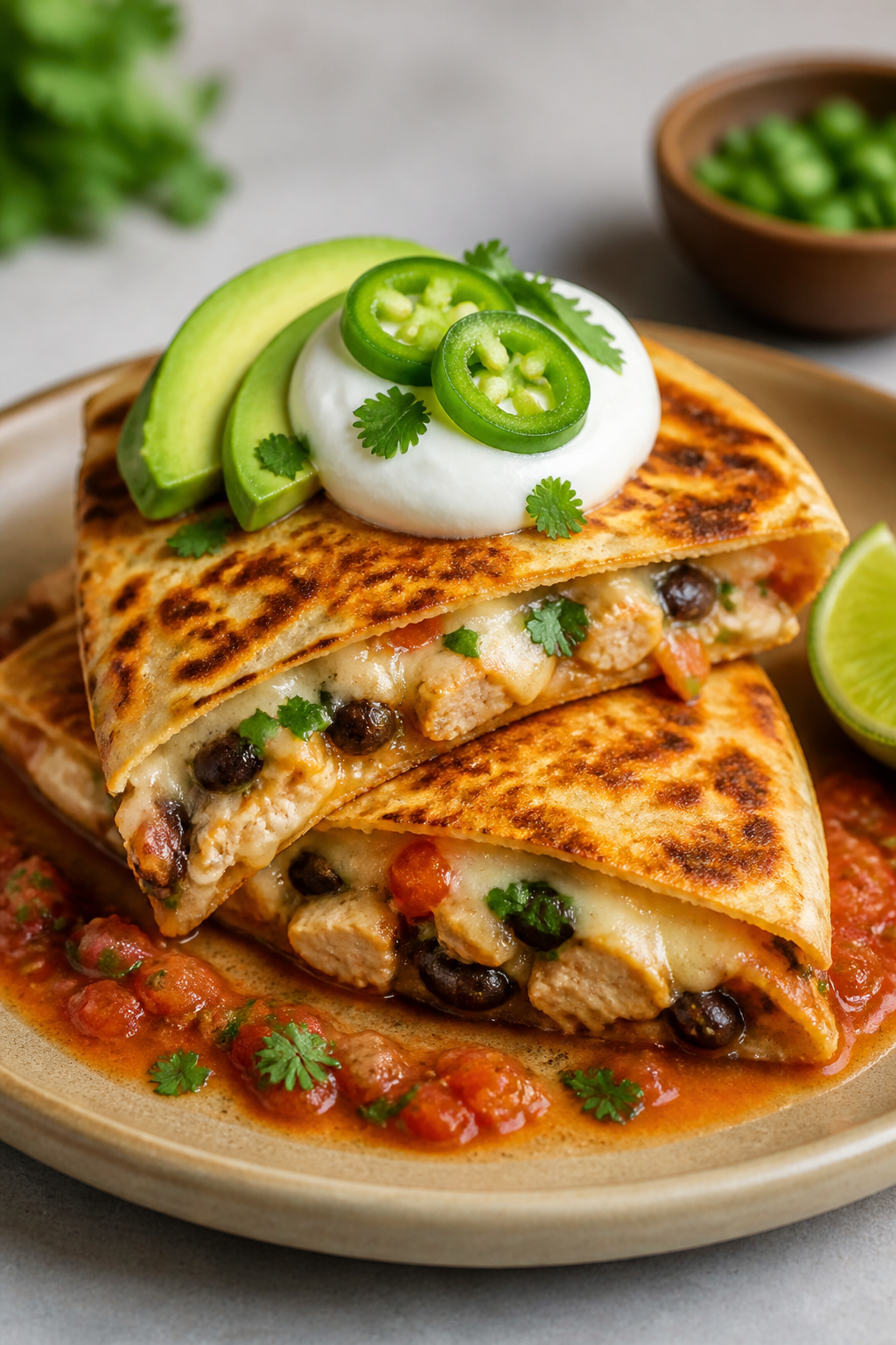 Final plated beauty: Restaurant-quality presentation of a Healthy Chicken Quesadilla Melt stack (two
