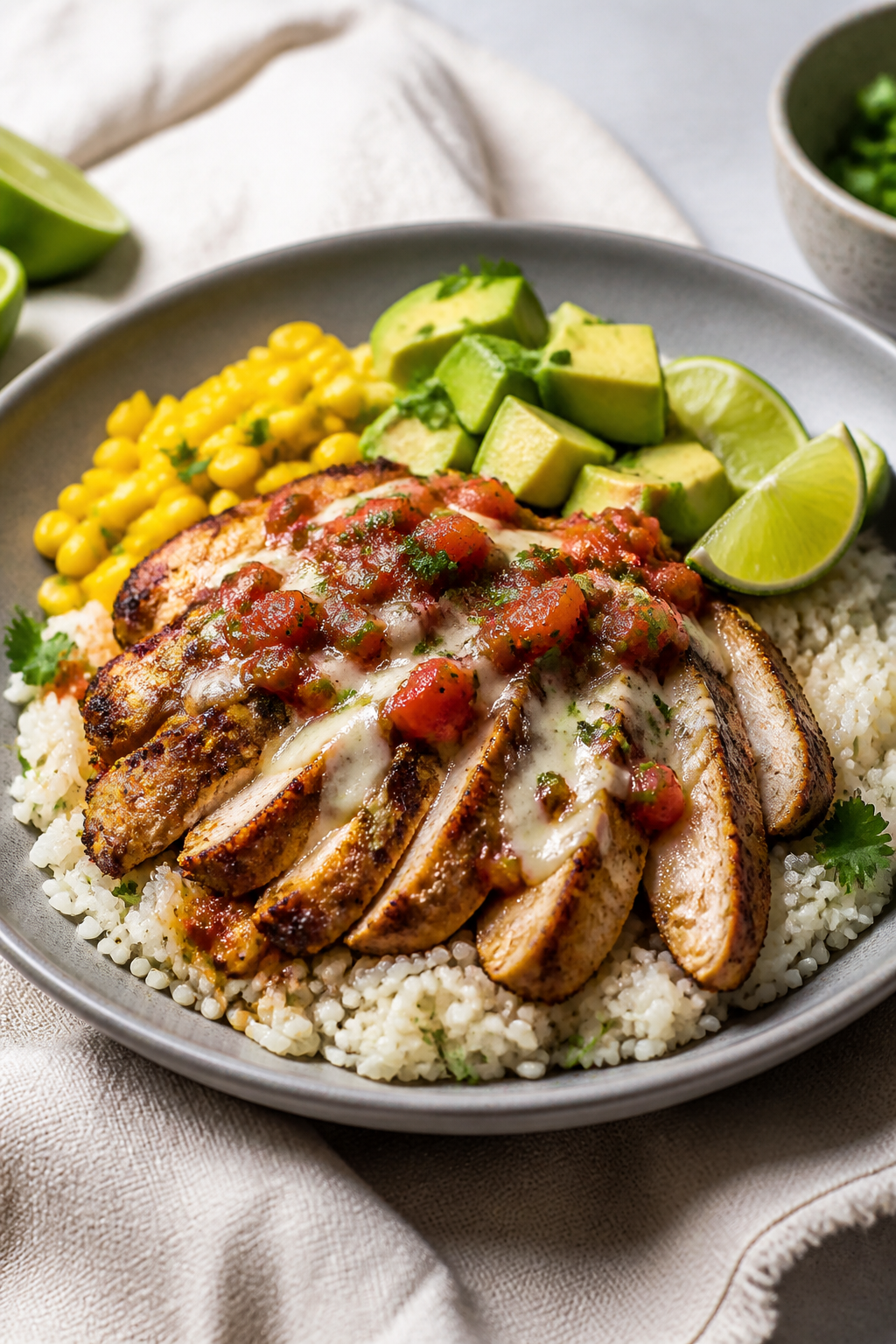 Final plated beauty: Restaurant-quality presentation of a composed Chicken Taco Rice Bowl on a matte