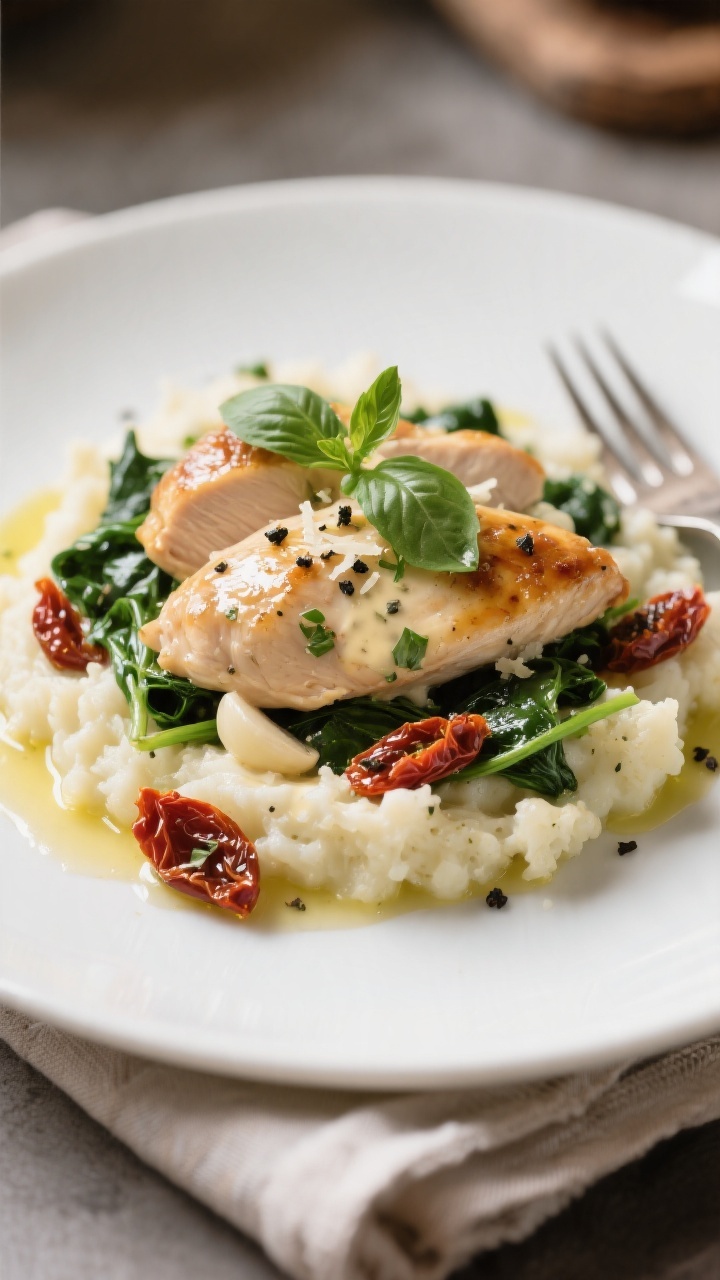 Final plated beauty: Restaurant-quality presentation of Tuscan chicken over cauliflower mash on a ma