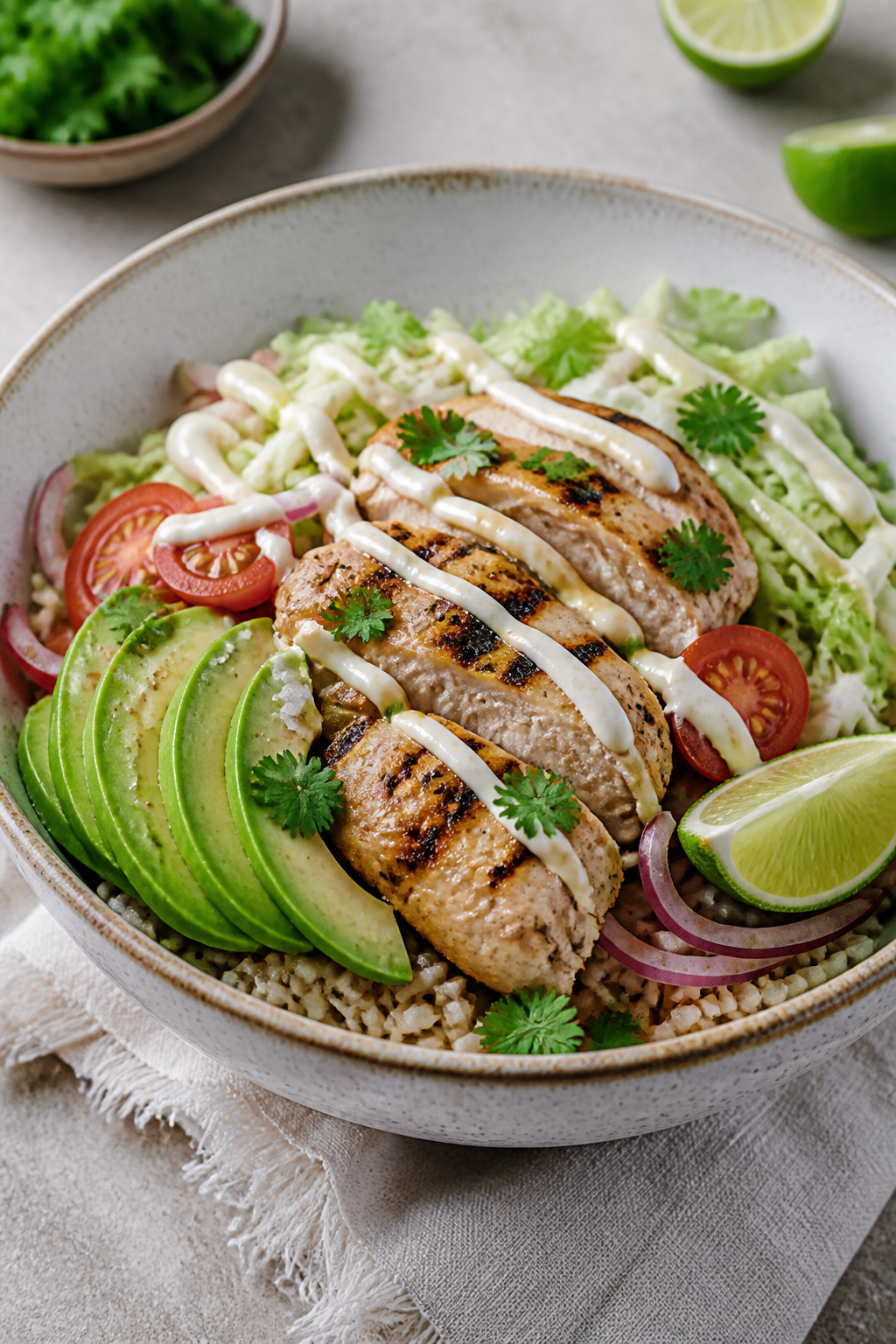 Final plated beauty: Restaurant-style presentation of a composed bowl with neatly fanned grilled chi
