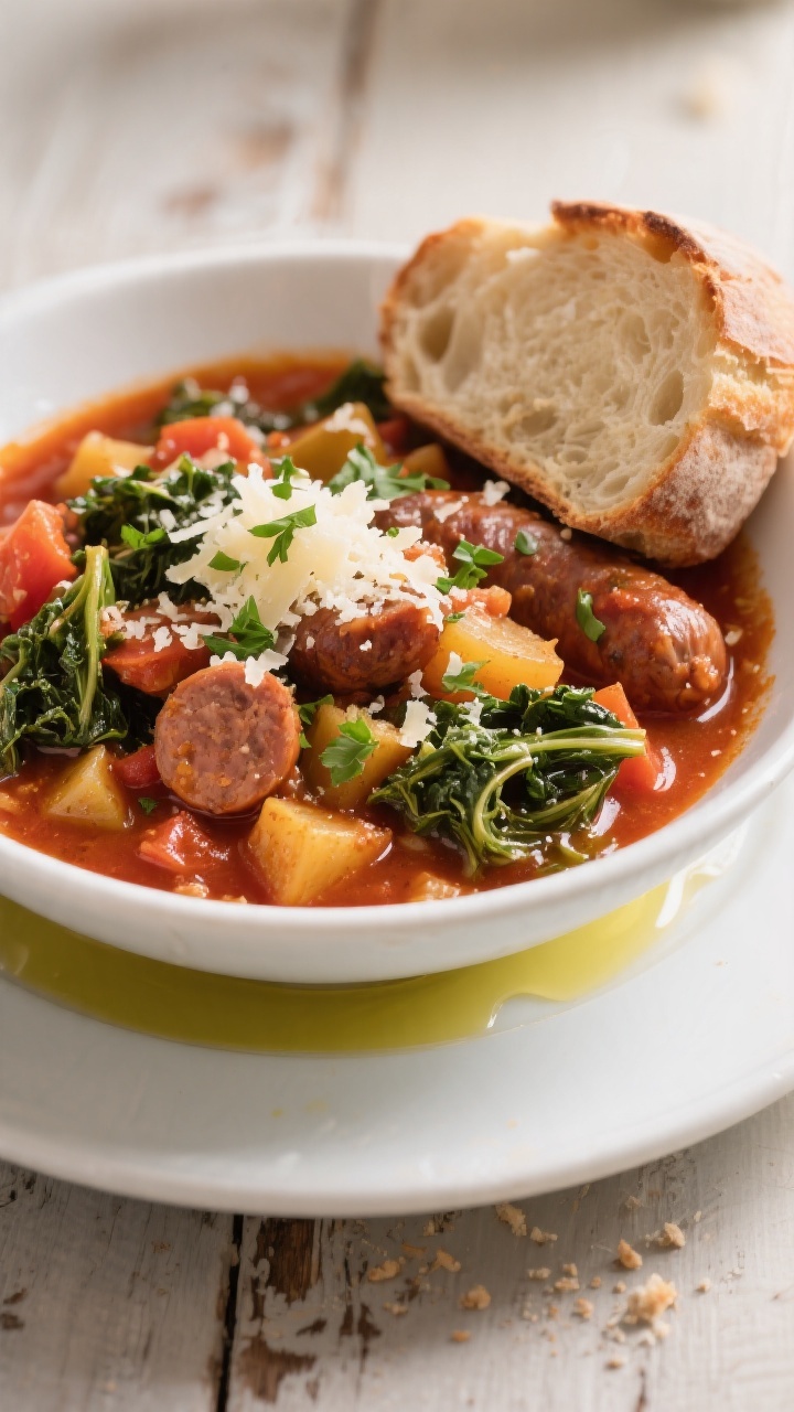 Final plated beauty shot: A generous bowl of Crockpot Italian Sausage & Veggie Stew served in a wide