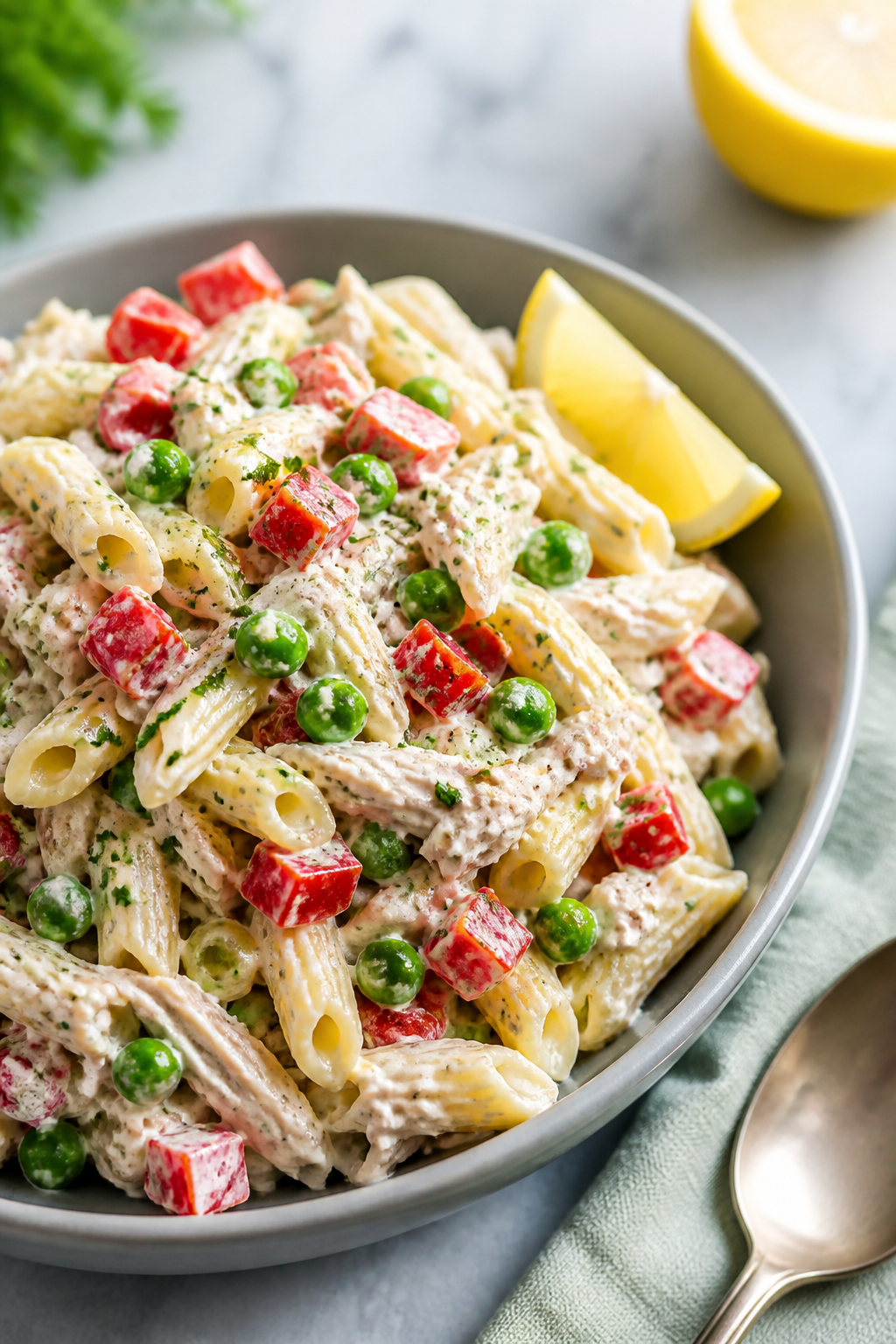 Final plated beauty shot: A generous serving of the chilled pasta salad mounded in a matte ceramic b