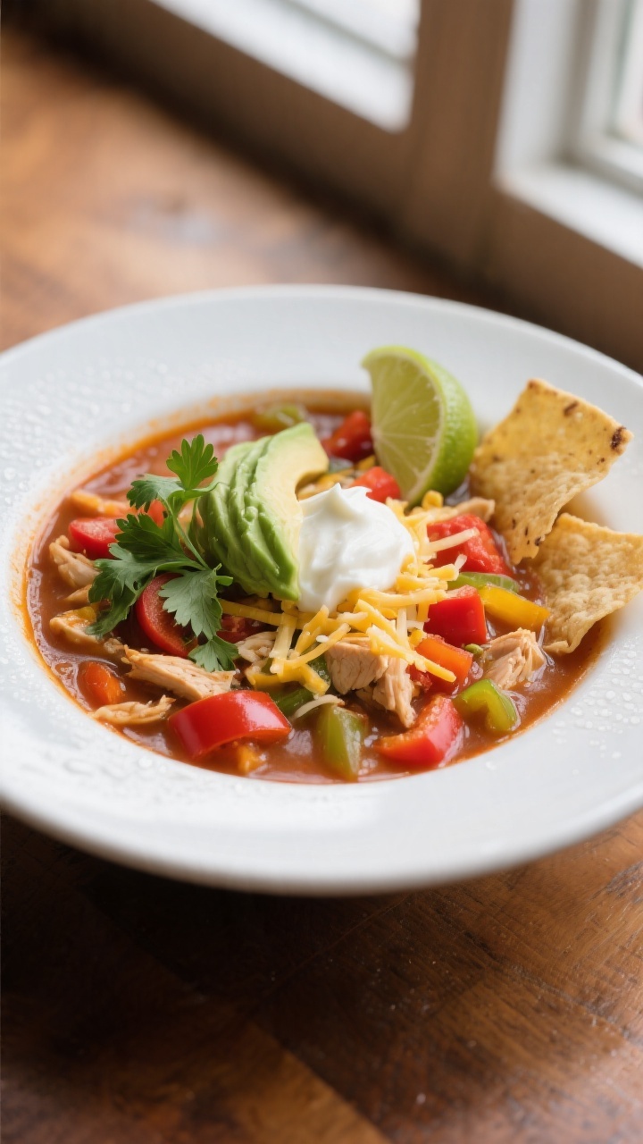 Final plated beauty shot: A hearty bowl of Healthy Slow Cooker Chicken Fajita Soup served in a wide 