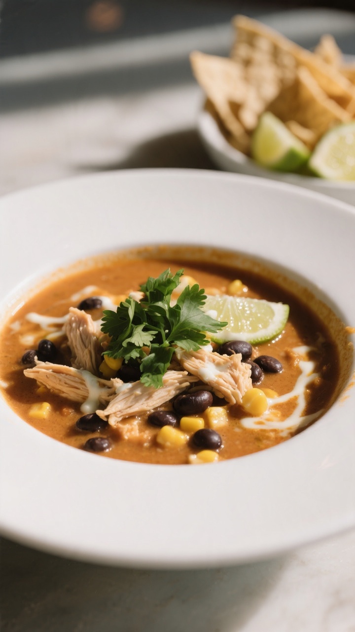 Final plated beauty shot: Restaurant-quality presentation of Chicken Enchilada Soup in a wide white 