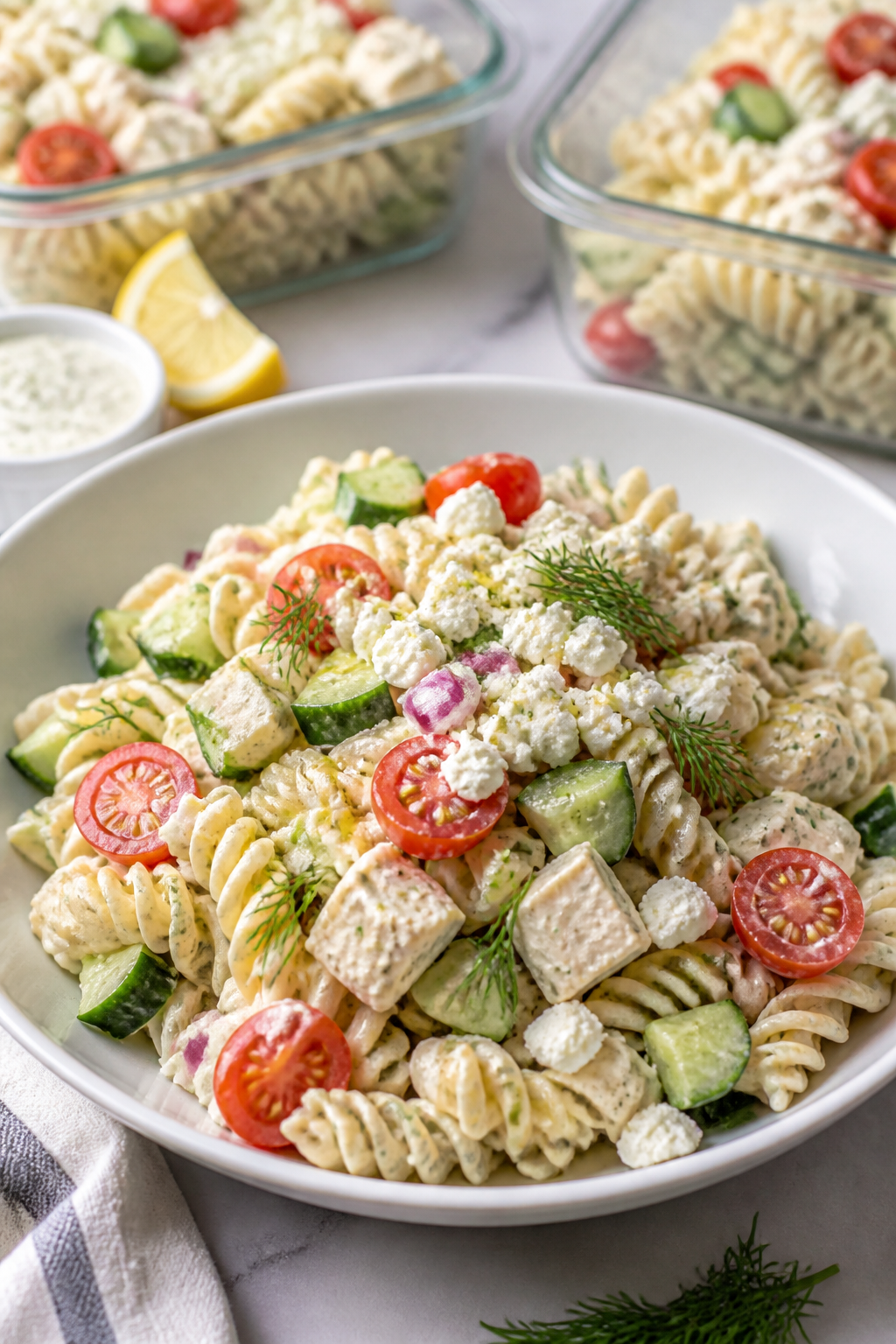 Final plated beauty shot: Restaurant-quality presentation of High Protein Greek Ranch Pasta Salad mo