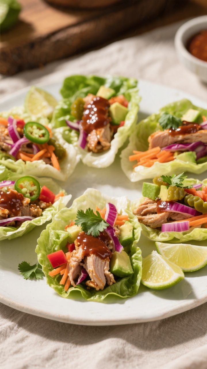 Final plated beauty shot: Slow Cooker BBQ turkey lettuce wraps arranged on a matte white platter, cr