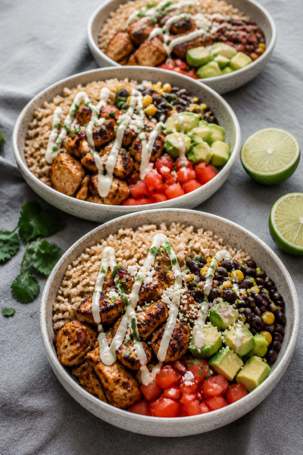 Final plated beauty shot: Three meal-prep bowls aligned diagonally, each with neat sections—brown 