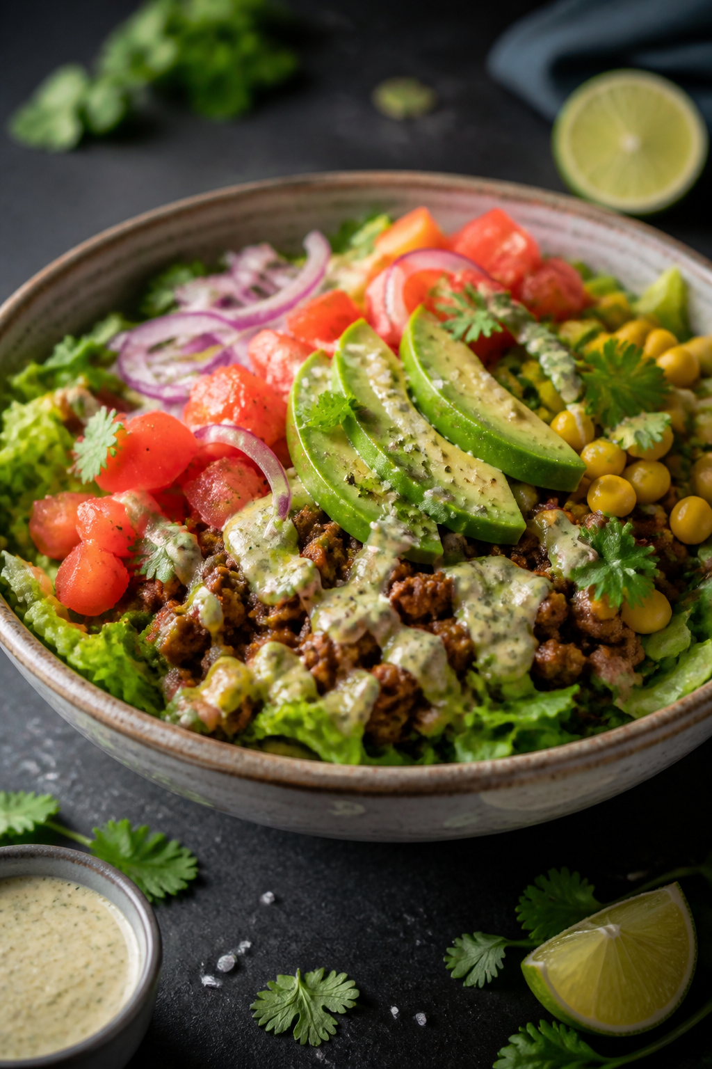 Final plated beauty shot: Three-quarter angle close-up of a single taco salad bowl showcasing layere