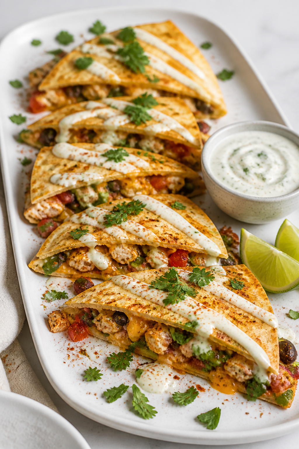 Final plated beauty: Sliced Healthy Chicken Taco Flatbread on a matte white platter, neatly fanned p