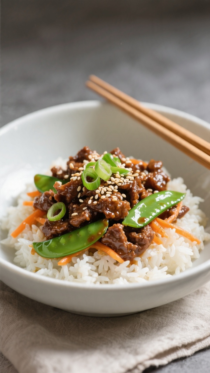 Final plated bowl: Beautifully plated Mongolian ground beef over fluffy jasmine rice in a matte whit