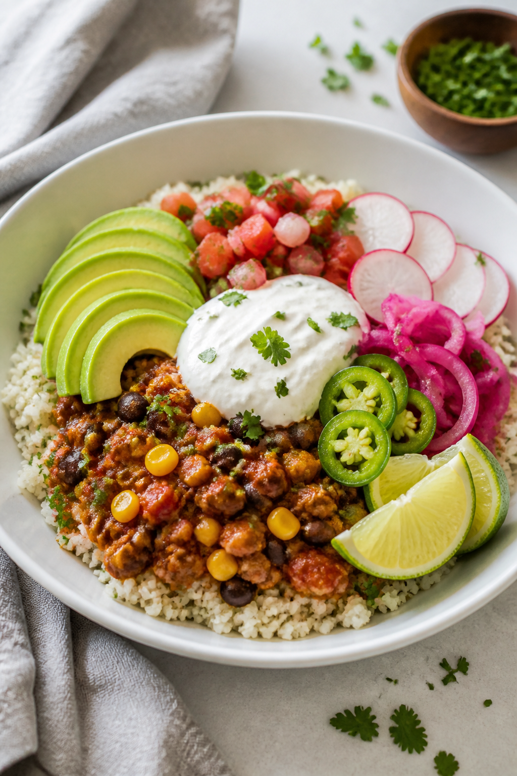 Final plated bowl beauty: Healthy Mexican Ground Chicken Bowl served over fluffy cauliflower rice in