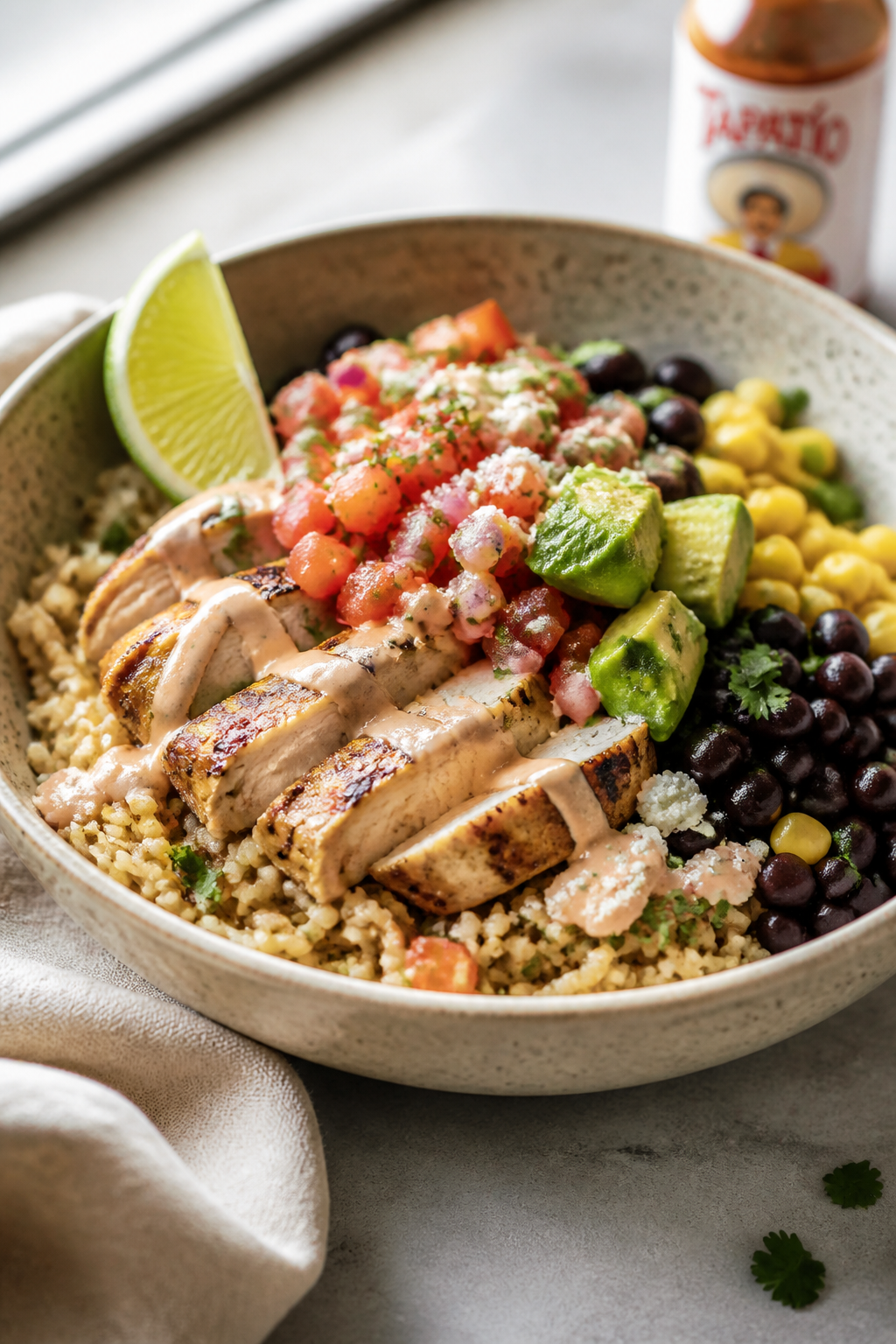 Final plated bowl beauty: Restaurant-quality single bowl of Mexican chicken meal prep, chicken slice