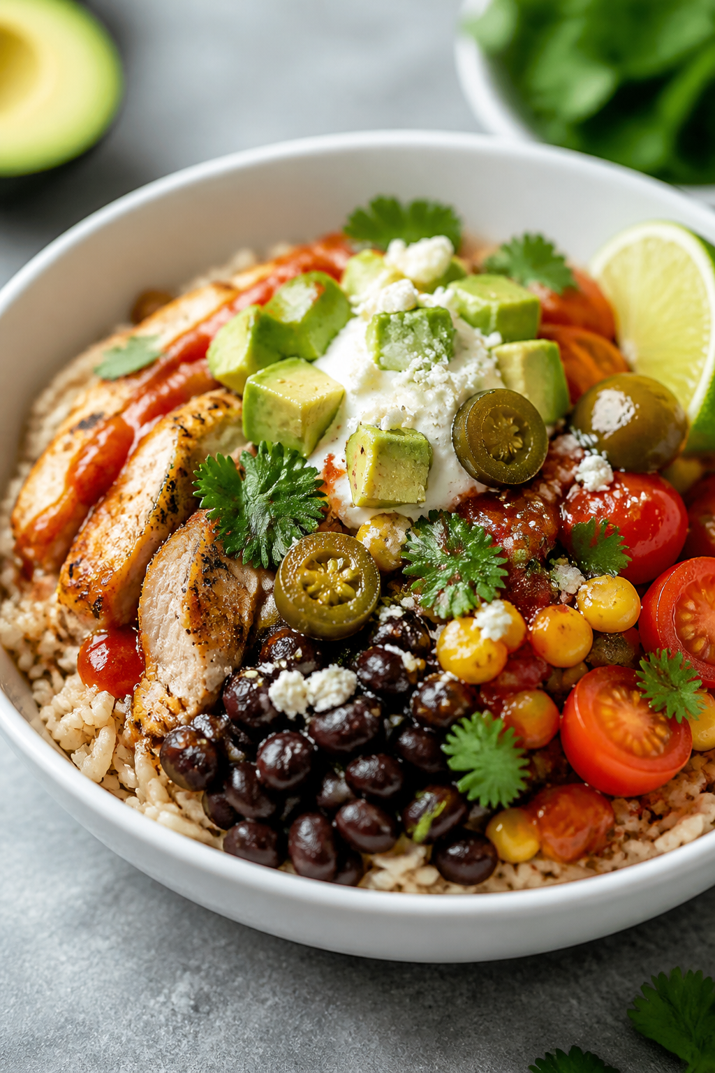 Final plated bowl — fresh finishing touches: Beautifully plated Mexican-inspired burrito bowl in a
