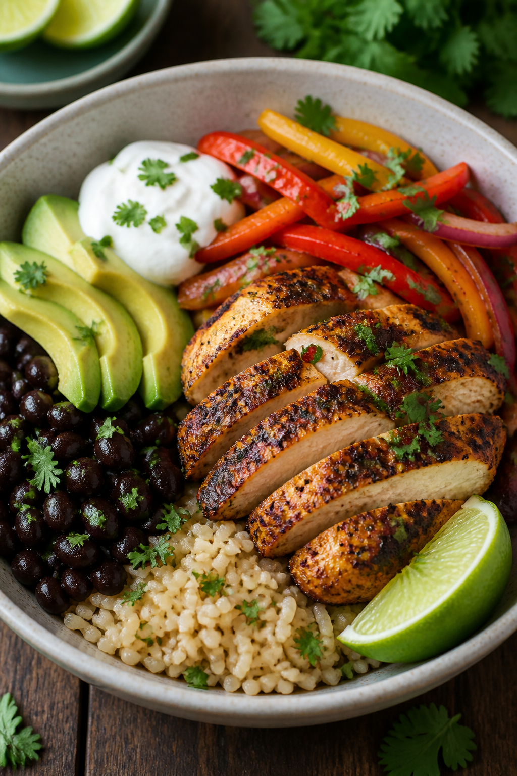 Final plated bowl glamour shot: beautifully composed fajita chicken bowl with brown rice, black bean