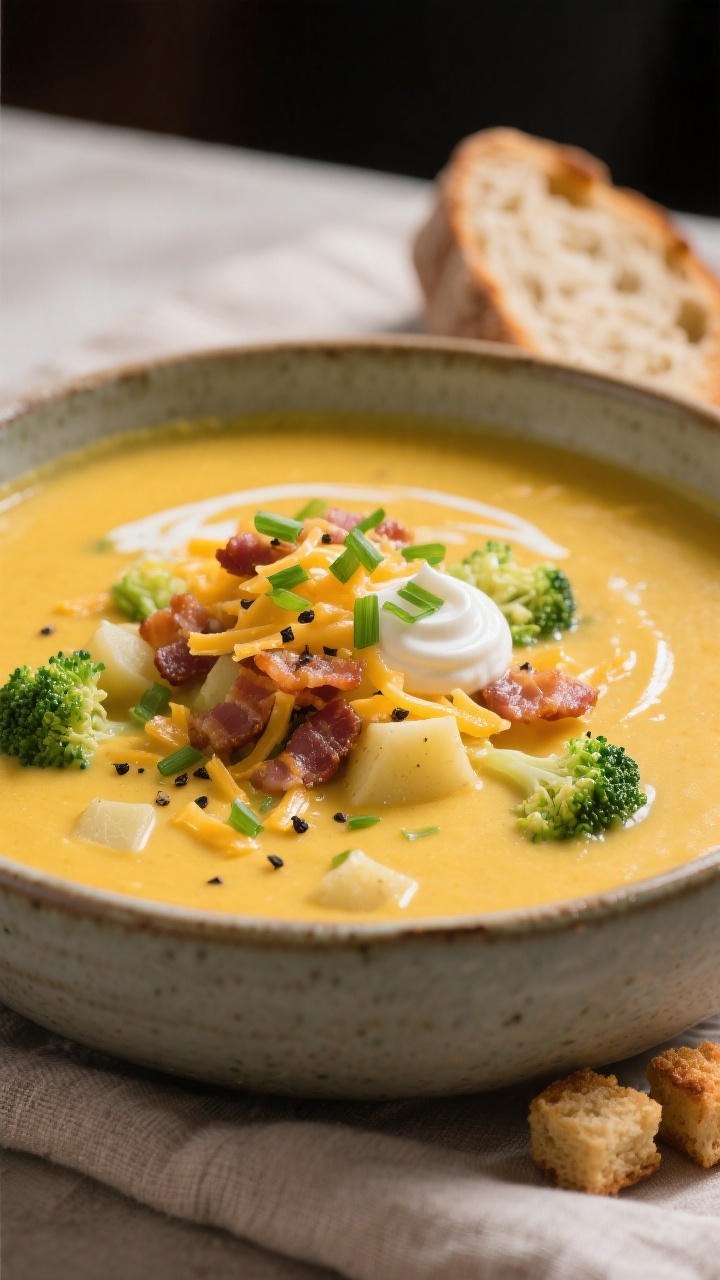 Final plated bowl, hero close-up: A deep ceramic bowl of ultra-creamy broccoli cheddar soup, surface