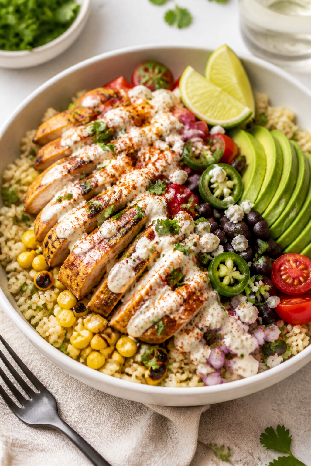 Final plated bowl, restaurant-quality: Healthy Chicken Street Corn Bowl arranged in a wide, shallow