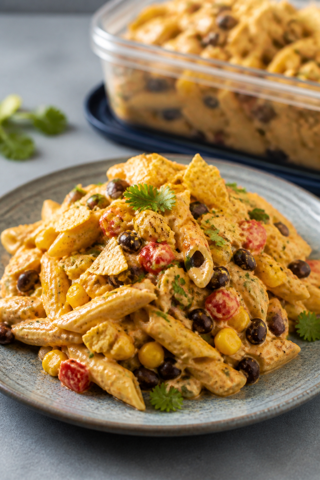 Final plated close-up: a heaping individual serving of the pasta salad on a cool gray ceramic plate,